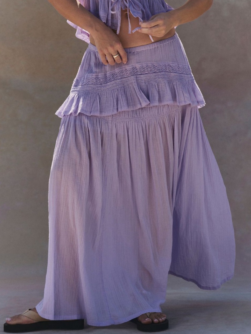 Free People Bare Bliss Peplum Ruffles Maxi Skirt in Pastel Lilac